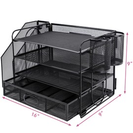 ideallife Desk Organizers and Accessories with File Holder, 4-Tier Paper Letter Tray Organiser with Drawer and 2 Pen Holder, Mesh Desktop Document Organizer for Office Supplies, Workspace - Black