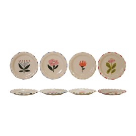 Creative Co-Op 4-Piece Stoneware Plate Set with Flower Image, Multicolor