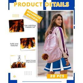 Remuuly 20 Pcs Cheer Pom Pom Keychain Cheerleader Gifts Cheerleading Keyring Charm Foil with Keychain Hooks for Women Accessories (Orange Black)