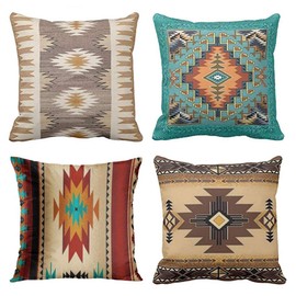 Emvency Set of 4 Throw Pillow Covers Tribal Western Geometric Colorful Nature Color Patterns Turquoise Orange Decorative Pillow Cases Home Decor Square 20x20 Inches Pillowcases