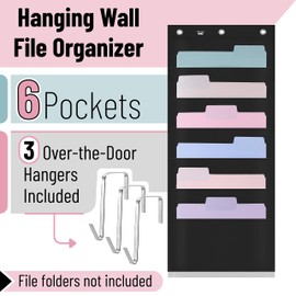 Mr. Pen- Hanging Wall File Organizer, 6 Pocket, Black, 3 Overdoor Hangers Included, Over The Door File Organizer, Wall Folder Organizer