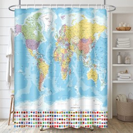 Ssddyes Shower Curtain Set with 12 Hooks, Green Blue Red World Map, Bath Decor Ocean Sea Map of The World Waterproof Polyester Fabric Curtain for Bath Decor 72x72 Inches