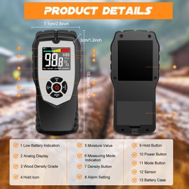 Flintronic Pinless Moisture Meter, Moisture Meter Detector with LCD, Wood Moisture Meter, Mould Meter Moisture Meter for Walls, Wood, Building Materials, Plaster, Masonry, 0-50 mm Analysis Depth