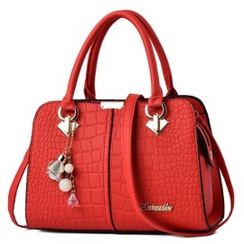 DORRISO Women Handbags Fashion Hanging Ornaments Shoulder Bag PU Leather Tote Bag Travel Casual Elegant Ladies Messenger Bag Top Handle Bag Red A