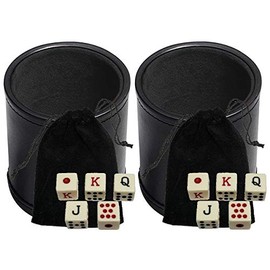 Black PU Leather Dice Cup with 16mm Ivory-Tone Spanish Poker Dice Plus Storage Pouch Set (2 Sets)