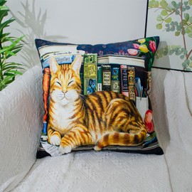 DILOXNSU Cat Cushion Covers 45 x 45 cm Napping Cats Books Flowers Velvet Square Double Sided Decorative Pillows Cover for Sofa Bed Home Garden Office Cushions Covers 18 x 18 inch