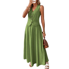 ELLEVEN Linen Sets for Women 2 Piece Skirt Outfits Summer Two Piece Vest Sets Going Out Maxi A-line Long Flowy Skirt Sleeveless Tank Top Casual Matching Dress Set Spring Vacation Grass Green X-Large
