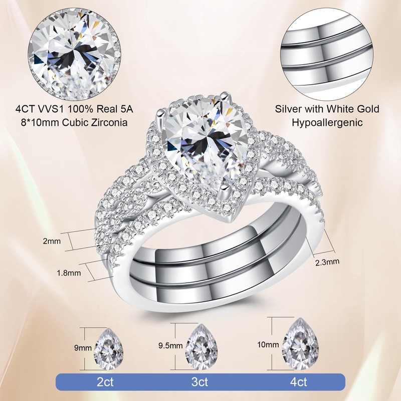 AVECON 6CT Pear Shaped Engagement Ring, Bridal Promise Wedding 5A