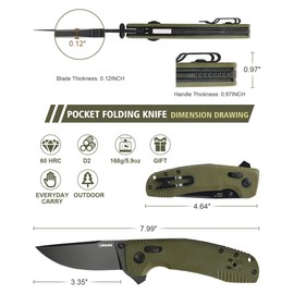 Pocket Folding Knife(EDC)- 3.35" D2 Steel PVD Nitro-V Steel Blade, G10 Handle- Lightweight Folding knives with Clip for Camping, Hiking, Hunting Survival Multi-Tool (Olive Green)