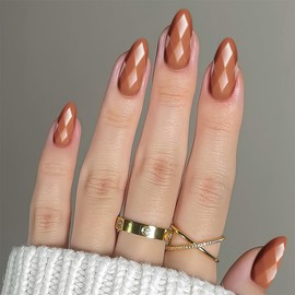 Medium Almond Press on Nails Brown Fake Nails Glossy False Nails with Solid Color Designs 3D Rhombus Glue on Nail Natural Full Cover Acrylic Artificial Stick on Nail for Women Girls 24Pcs