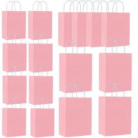 16 Packs Pink Bags with Handles, 8 Packs S+4 Packs M+4 Packs L Gift Bags with Twist Handles for Kids or Adults in Birthday party, Weddings, Events or Shopping