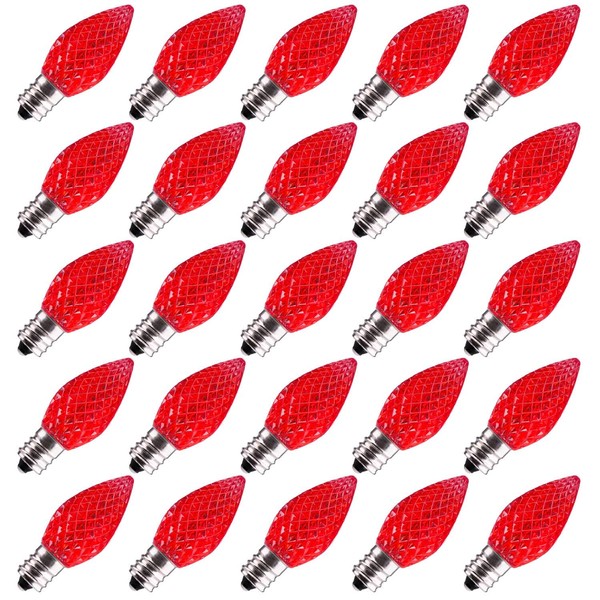 25 Pack C7 Led Replacement Christmas Light Bulb, Shatterproof C7 Led Bulbs for Christmas String Lights, E12 Candelabra Base, Commercial Grade Dimmable Holiday Bulbs, Red