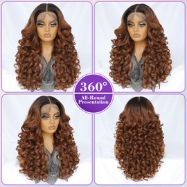 Felek 13x6 Ombre Synthetic Lace Front Wig Loose Wave HD Transparent Lace Frontal Wigs Pre Plucked Wear and Go Glueless Wigs for Black Women 24 inch Long Curly Wig - OT30