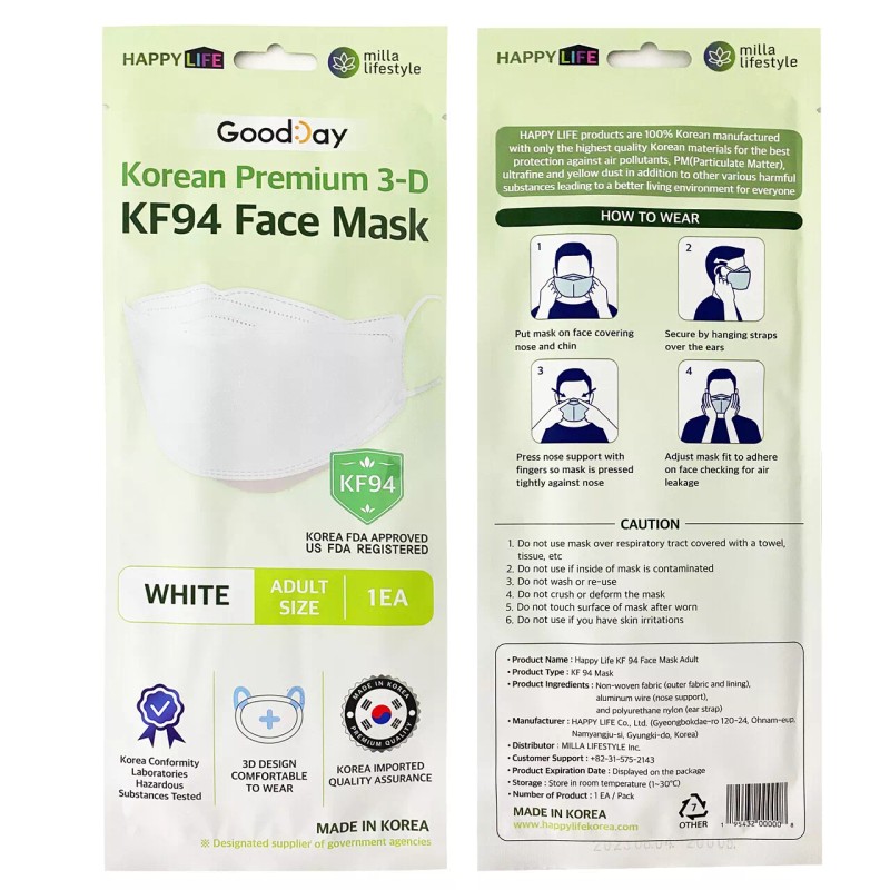 Happy Life Korea 2 Pack KF94 WHITE Protective Face Mask