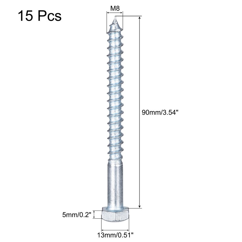 sourcing map Hex Lag Screws, M8 x 90mm Carbon Steel