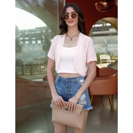 Aiboria Shrugs for Women Open Front Short Sleeve Cropped Bolero Cardigan Light Pink Small