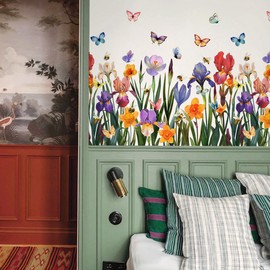 Runtoo Wall Sticker Garden Flowers Butterflies Wall Sticker Colourful Flowers Wall Sticker Living Room Bedroom Children's Room Baby Room Wall Decoration