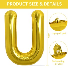 TONIFUL 40 Inch Large Gold U Letter Balloons Jumbo Helium Balloons, Foil Mylar Big Alphabet Balloons for Birthday Party Anniversary Valentine's Day Accessories Decorations