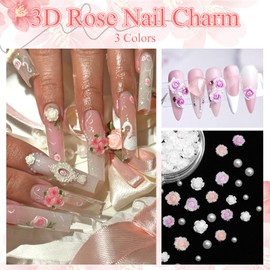 YAEISM Flower Nail Charms 3 Colors Rose Nail Charm Flowers Acrylic Pearls Steel Beads Nail Art Charms Kits with Glue Gel,Tweezer and Pickup Pencil for Nail Art and DIY Crafts Decoration