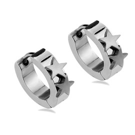 316L Surgical Stainless Steel Three-Dimensional Brushed Stars Huggie Hoop Earring, (4mm X 14.5mm)