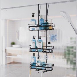 Yoillione Over Door Shower Caddy Hanging - No Drilling Shower Organizer Hanging 3 Wide Tier Adjustable Shower Storage Stainless Steel Rustproof for Razor Soap and Shampoo, Black