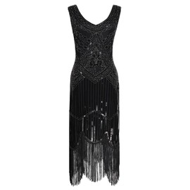 Women's Vintage 1920s Sequin Beaded Tassels Hem Flapper Dress w/Accessories Set (Small, Style03-Black&Silver)