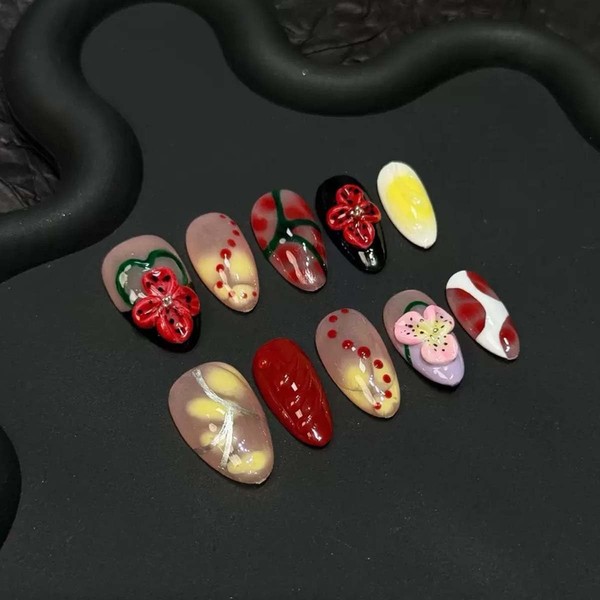 Short Almond Press On Nails Handmade Fake Nails With Red