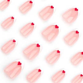 24Pcs Valentines Press on Nails Medium Almond Red Heart Fake Nails French Tip Nails Full Cover Love Heart Nail Designs Nude False Nails Glue on Nails Valentines Day Acrylic Nails for Women Girls
