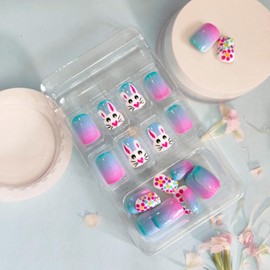 Easter Press on Nails Short Square Fake Nails with Cute Rabbit Design Glue on Nails Pink Blue Gradient Glossy False Nails Colorful Polka Dots Acrylic Nails Full Cover Stick on Nails for Women Girls