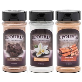 Upouria Coffee Topping Variety Pack - Chocolate, Cinnamon with Brown Sugar, and French Vanilla, 5.5 Ounce Shakeable Topping Jars - (Pack of 3)