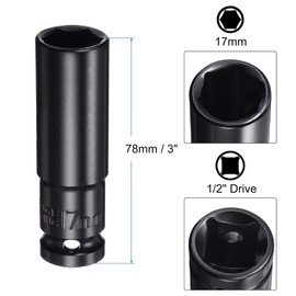 uxcell 1/2" Drive 17mm 6-Point Deep Sockets 3" Length with 1/2" to 1/4" Hex Shank Adapters Electroplated, CR-V Steel Socket Adapter Accessory Set Kit for Hex Bolts Nuts