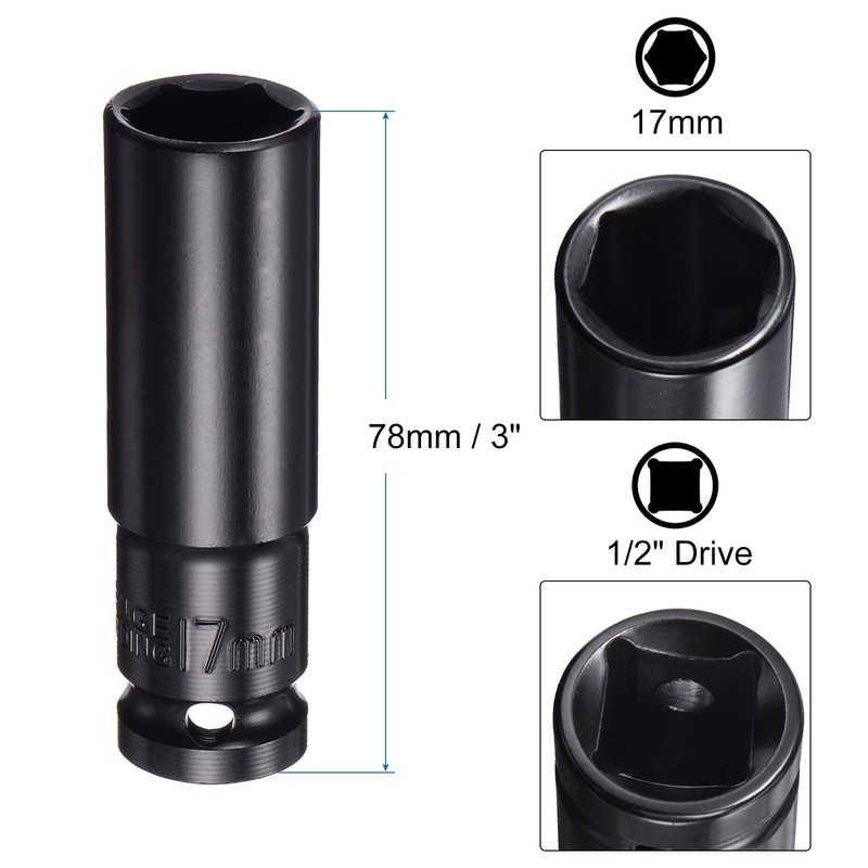 uxcell 1/2" Drive 17mm 6-Point Deep Sockets 3" Length with