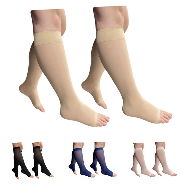 HealthyNees 2 Pair 8-15 mmHg Sheer Compression Leg Calf Shin Thin Open Toe Socks (Small/Medium (2 Pair), Nude)