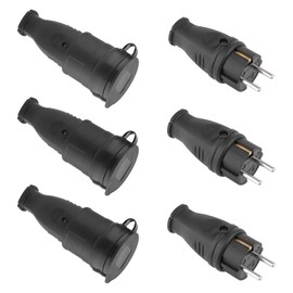 Protective contact plug and earthing contact rubber coupling, without cable, durable can be used for 0.5-3 cm² cable, IP44 230 V, 16 A, Schuko plug and Schuko coupling, 6 pack