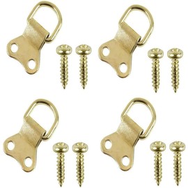 Aretro Large Brass Plated Picture D Rings & Plates Photo Frame Hanging Hooks Hangers Canvas Hook Wall Bracket Hanger with Screws, 4 Pack (Large)