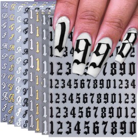 IDDFEVE 8 Sheets Letter & Numbers Nail Stickers - Old English Alphabet Black White Gold Silver Self-Adhesive 3D Nail Art Decals for Women DIY Retro Manicure