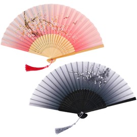 PORUPAEL 2 Pack Folding Fans, Handheld Bamboo Silk Fabric Folding Hand Fans with Tassel Wooden Chinese/Japanese Folding Hand Held Fans for Women Wedding Party Wall Decoration