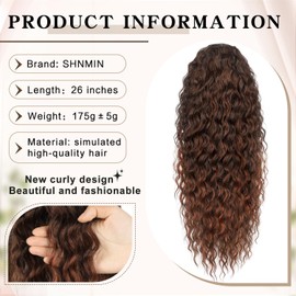 SHNMIN Ponytail Extension, Curly Drawstring Ponytail Extension for Women 26 Inch Curly Wavy Ponytail Yaki Textured Natural Fluffy Synthetic Hairpiece for Daily Use