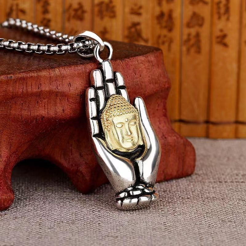 EENSYWEENSY Buddha Palm Pendant, Buddhist Head Necklace, Tibetan Buddhism Amulet
