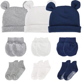 Pimoys 3 Sets Newborn Hat, Cotton Baby Hat Boys Baby Beanie Bear Ear Infant Hat New Years Gift for 0-6 Months Baby Boys (Hat, Mittens,Socks) Blue