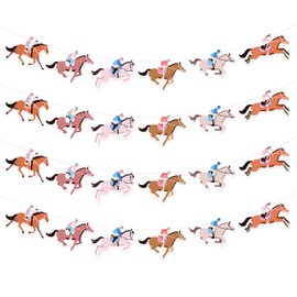 Whaline 8.2 Ft Derby Day Banner Horse Racing Pre-Strung Garland Banner Pink Brown Horse Hanging Ornament for Horsing Racing Derby Party Holiday Party Decoration, 4 Pcs