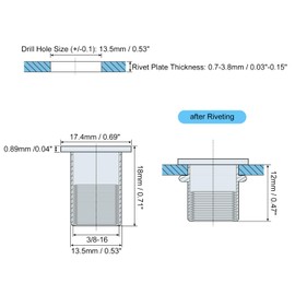 sourcing map 3/8-16 Rivet Nuts, 20pcs 304 Stainless Steel Knurled Flat Head Threaded Insert Nuts for Metal, Plastic