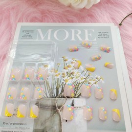 Square Press on Nails Short Cute Yellow French Tip Nails Acrylic False Nails with Rainbow Flower Designs Artificial Fake Nails Reusable Glue on Nails for Women and Girls