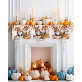 QueenKer Fall Thanksgiving Gnomes Fireplace Mantel Scarf 70" x 17" Vintage Maple Leaves Pumpkins Mantel Cover Runner Mantel Shelf Top Scarf Runner for Holiday Living Room Home Decoration
