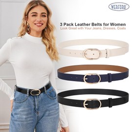 WERFORU 3 Pack Women's Faux Leather Belts for Jeans Pants Fashion Gold Buckle Ladies Dress Belt Black/Navy/Beige
