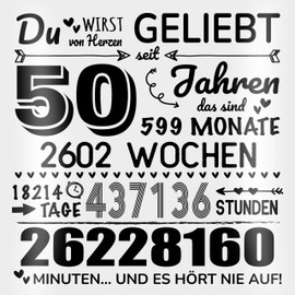Cushion 40 x 40 cm Decorative Cushion - 50 Years - Du wirst von Herzen geliebt | 50th Birthday Gifts | 50th Birthday Gifts for Men and Women - 40 x 40 cm - White - for 50th