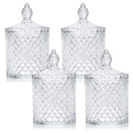 4 Pack Crystal Glass Apothecary Jars with Lids, Diamond Cut Qtip Holder Set for Bathroom Vanity, Cotton Swab & Ball Storage Containers, Decorative Candy Jars for Kitchen, Bar & Home Decor, Jewelry