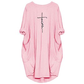 Rfecccy Women's Faith Oversize Baggy T Shirt Causal Loose Party Short Midi Dresses with Pockets Pink