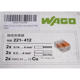WAGO BOX OF 100 WAGO 221 412 Compact Splicing Connector 2 Conductor Lever Nut 221-412