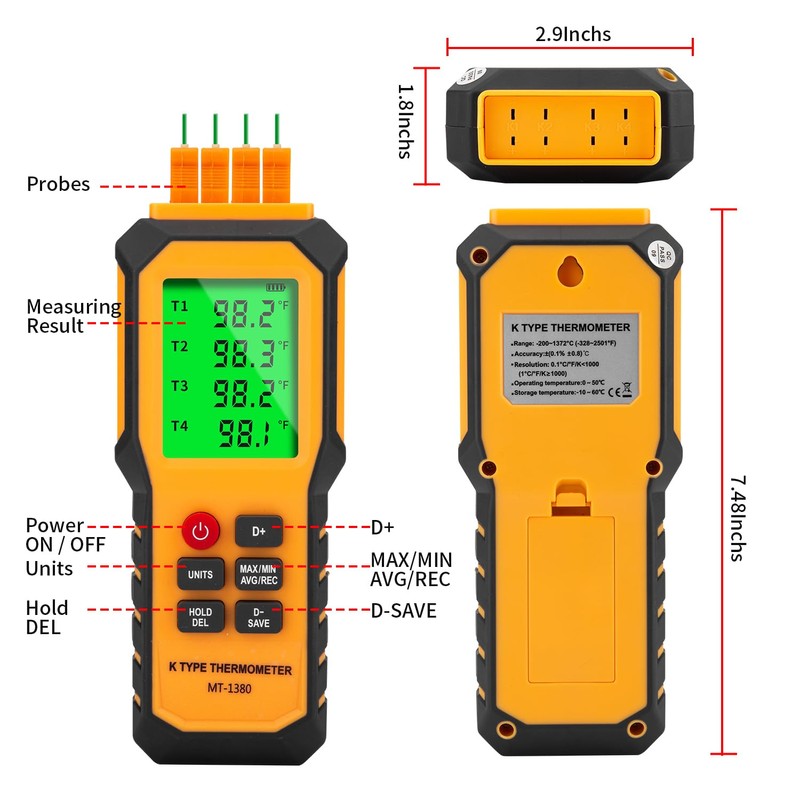 YZTMETER 4-Channel K-Type Temperature Thermometer with LCD Backlight Measurement Range-